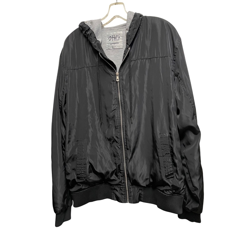 Shaka Wear Mens Bomber Jacket Black Large Full Zip Hooded Lightweight Streetwear